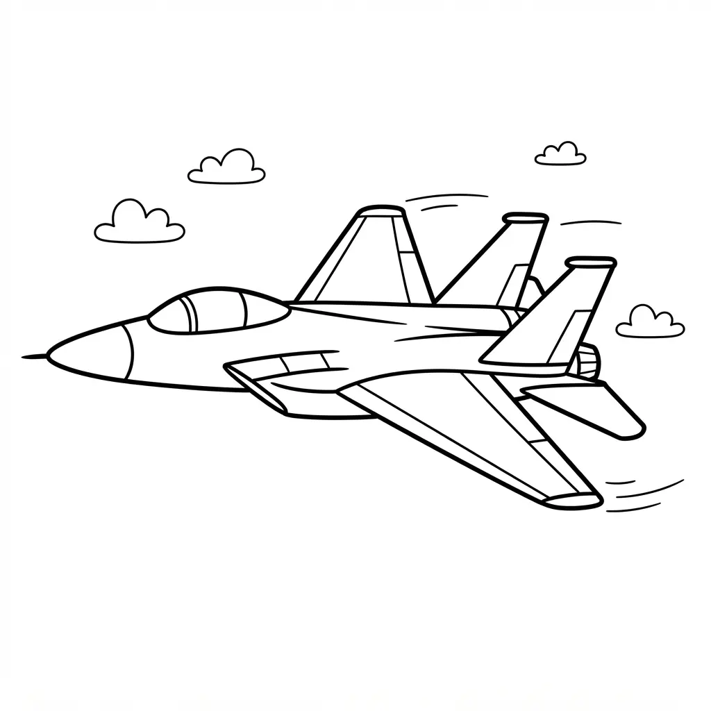 Modern fighter jet flying above small clouds in an airplane coloring page with crisp outlines.