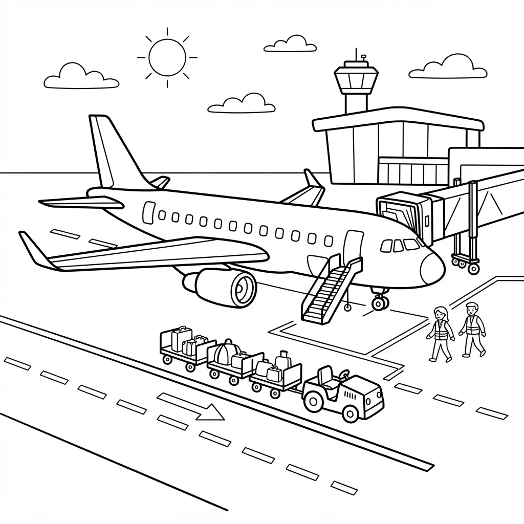 International airport tarmac with passenger jet, luggage cart, terminal, and airplane coloring page details.