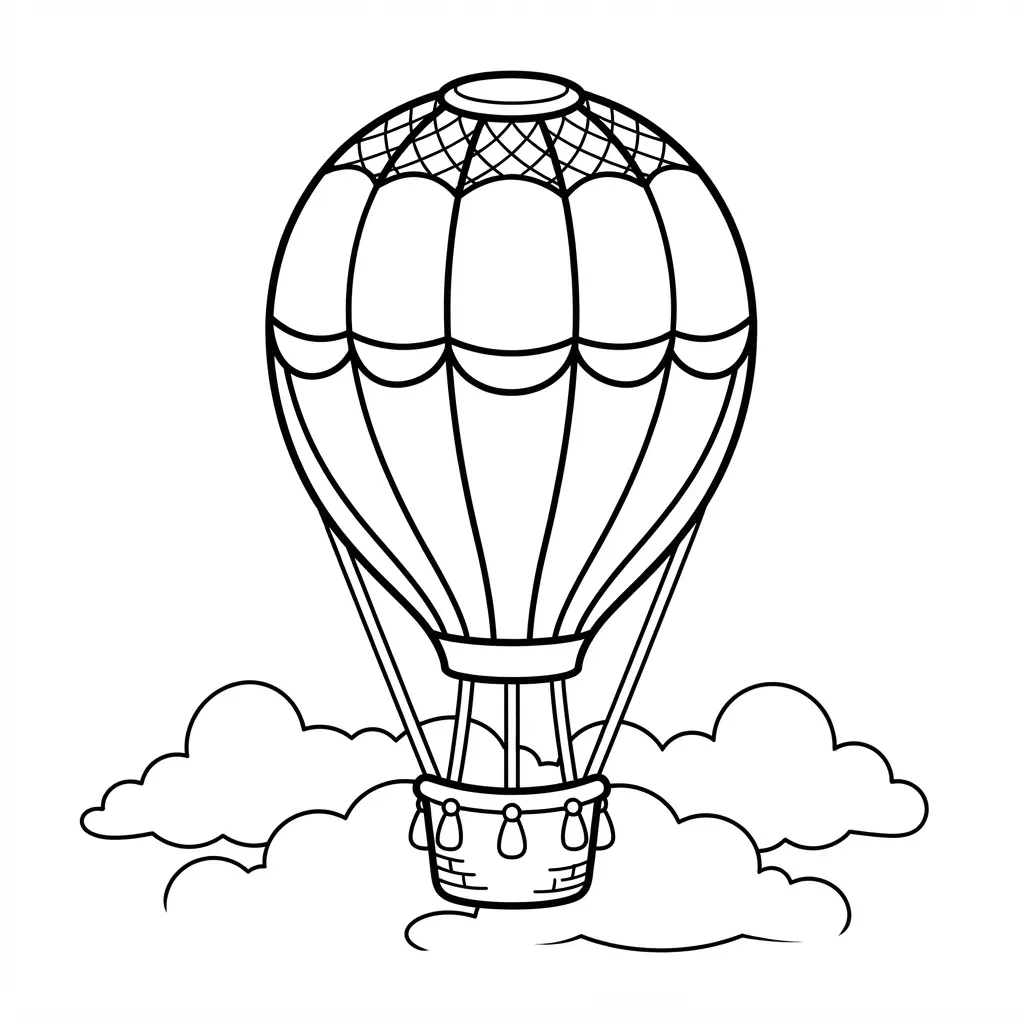 Hot air balloon floating over clouds with basket, ropes, and clear printable outlines.