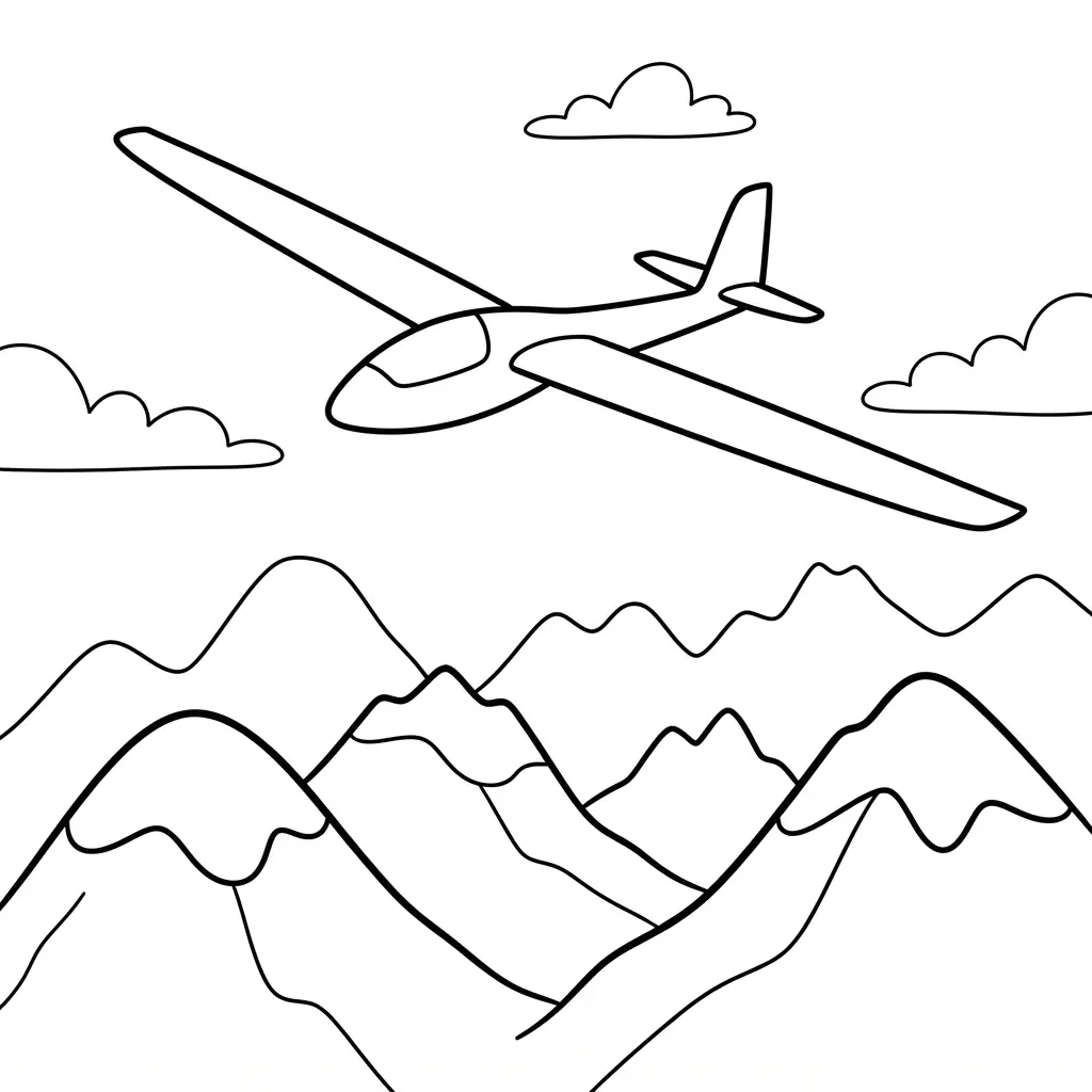 Glider above mountain peaks with wide wings and open sky in an airplane coloring page.