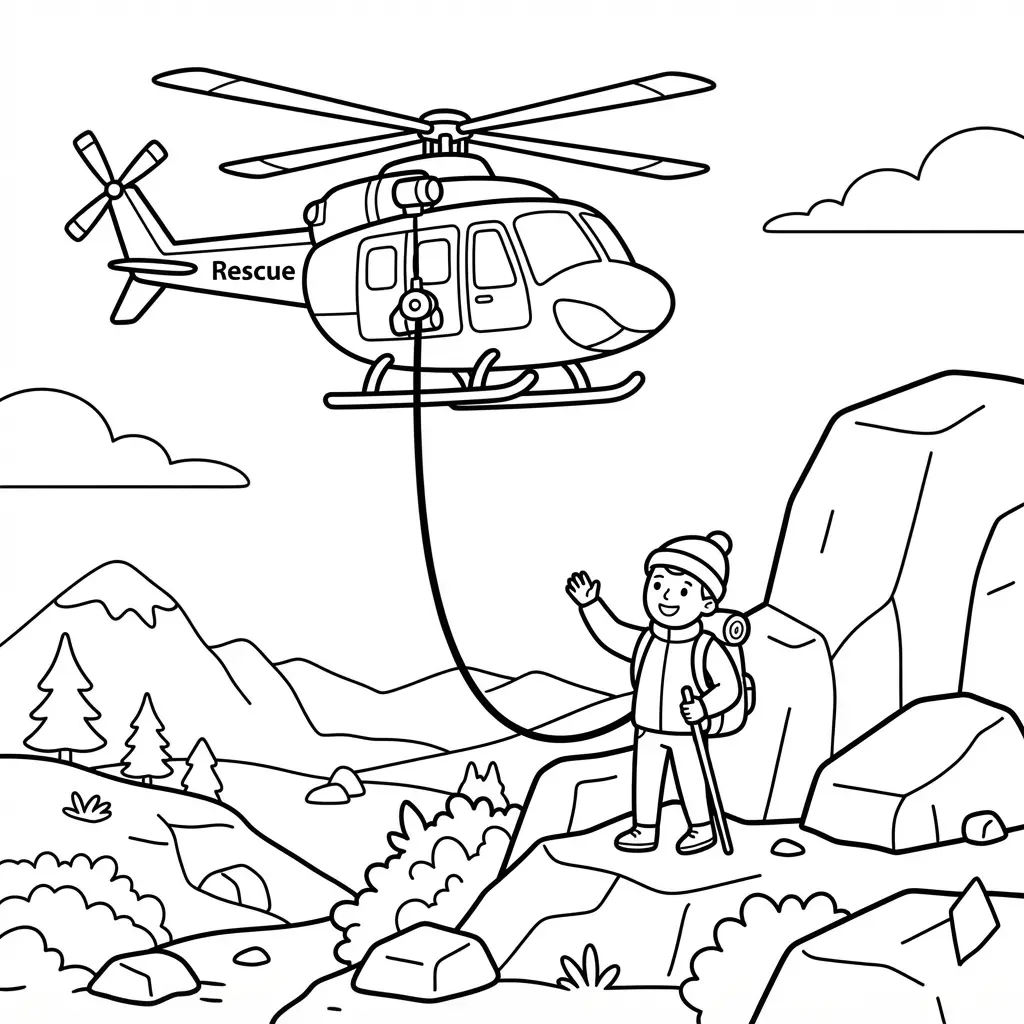 Rescue helicopter lowering a cable toward a hiker beside rocky terrain with bold black outlines.