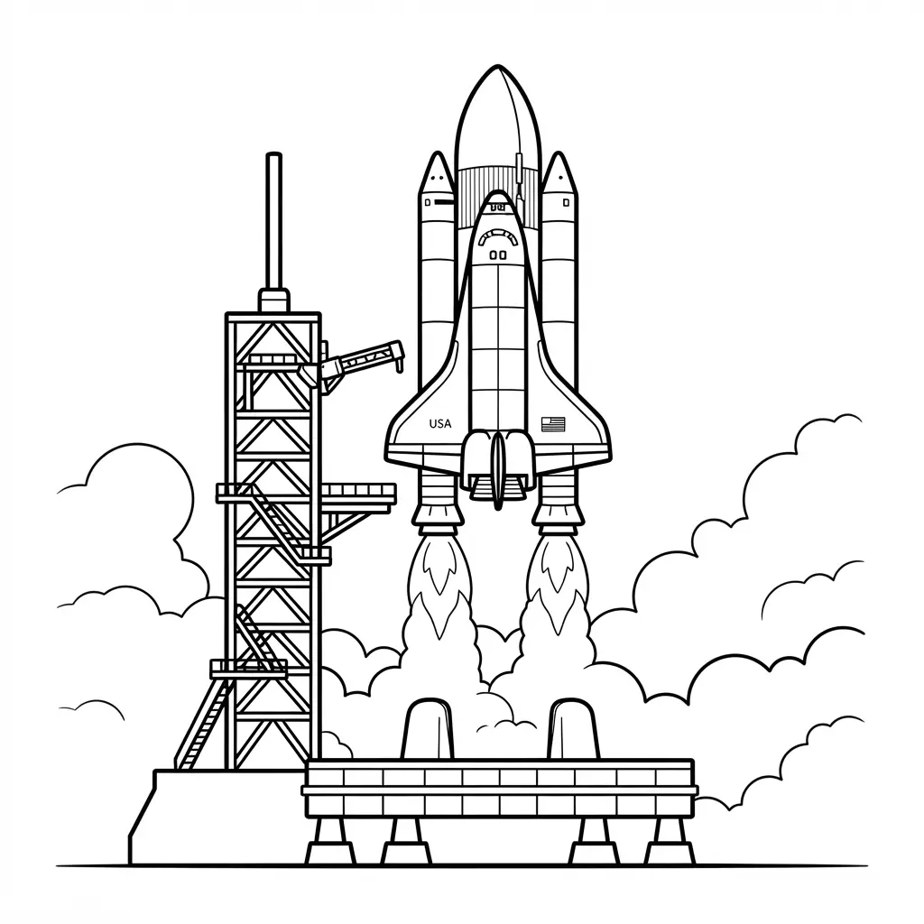 Space shuttle rising from a launch pad with smoke clouds and clear printable line art.