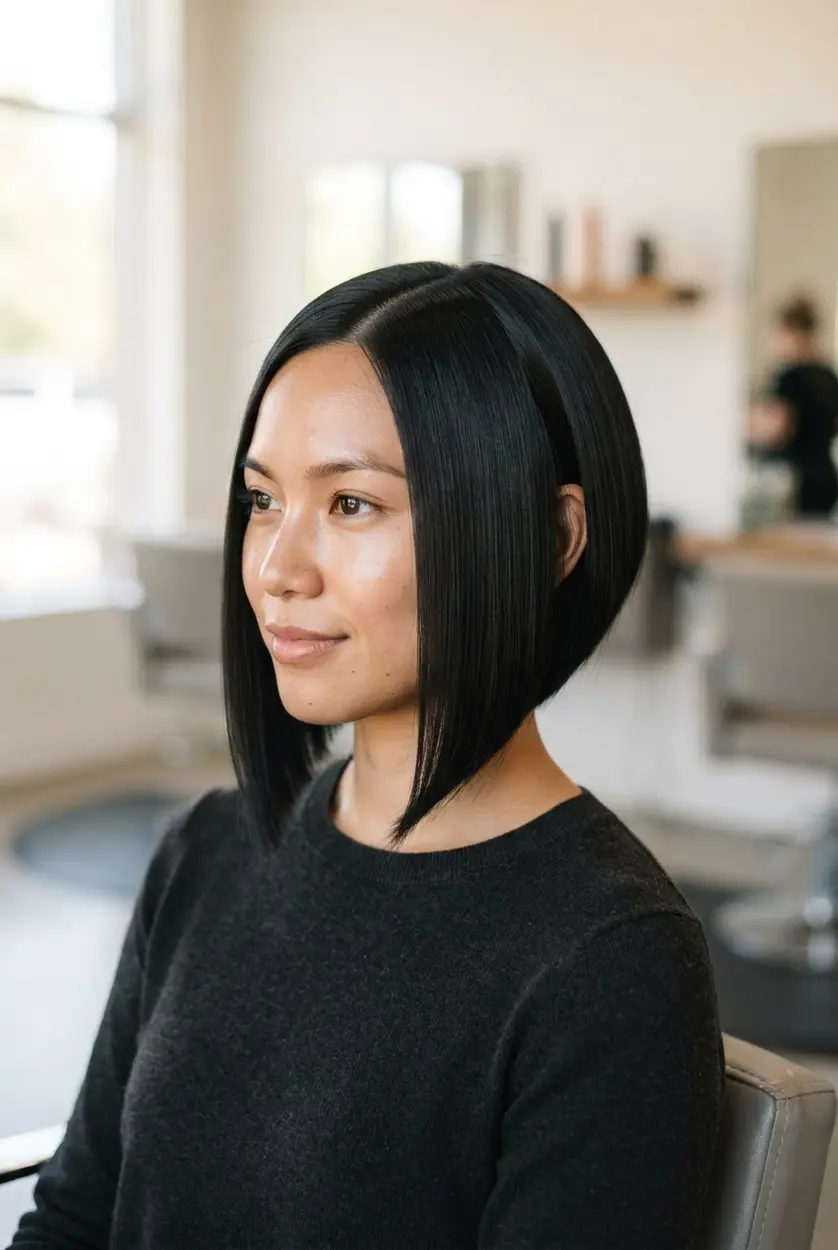 Angled bob hairstyles shown in a sleek blunt glass finish with a short nape and smooth longer front sections.