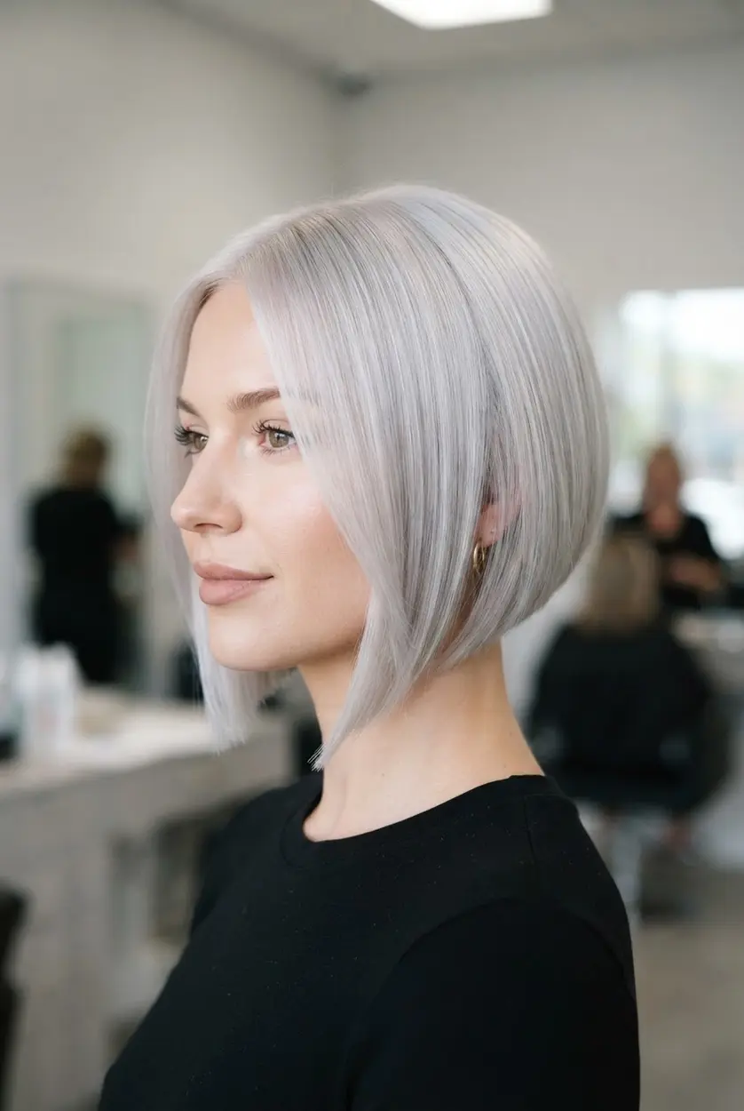 Platinum blonde sharp angled bob with a clean diagonal edge, short nape, and cool-toned smooth finish.
