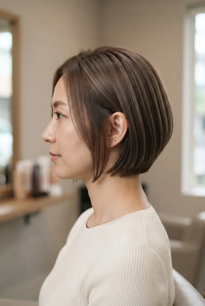 Subtle gradient minimalist angled bob with a small length change, smooth ends, and a neat side profile.