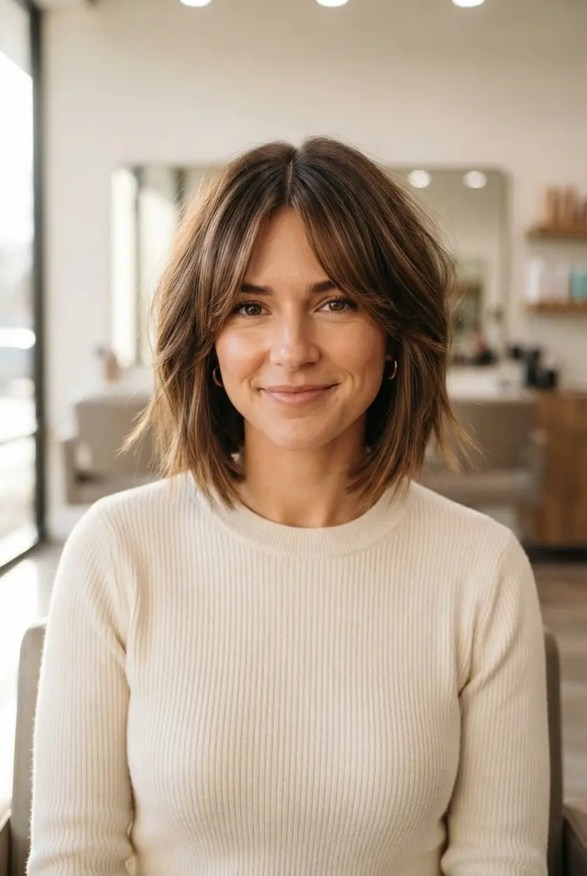 Angled bob hairstyles shown with curtain bangs, a center part, soft cheek framing, and longer front sections.