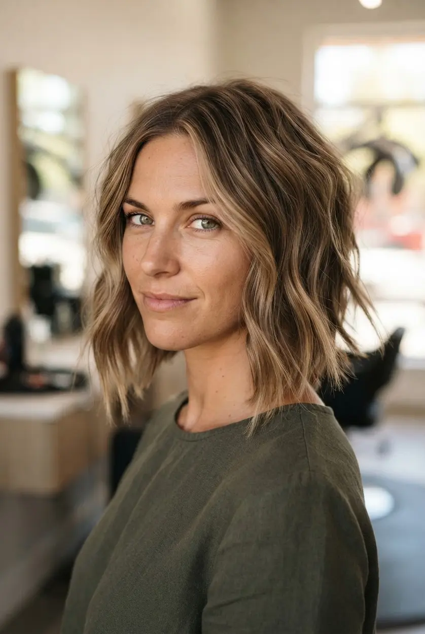Messy beach wave angled bob with loose bends, tousled ends, shorter back layers, and relaxed front length.