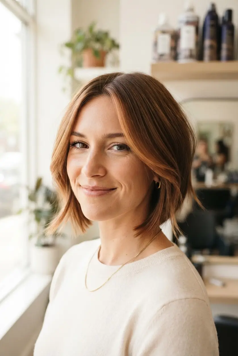 Face framing angled bob cut with longer pieces around the cheeks, a shorter nape, and softly curved ends.