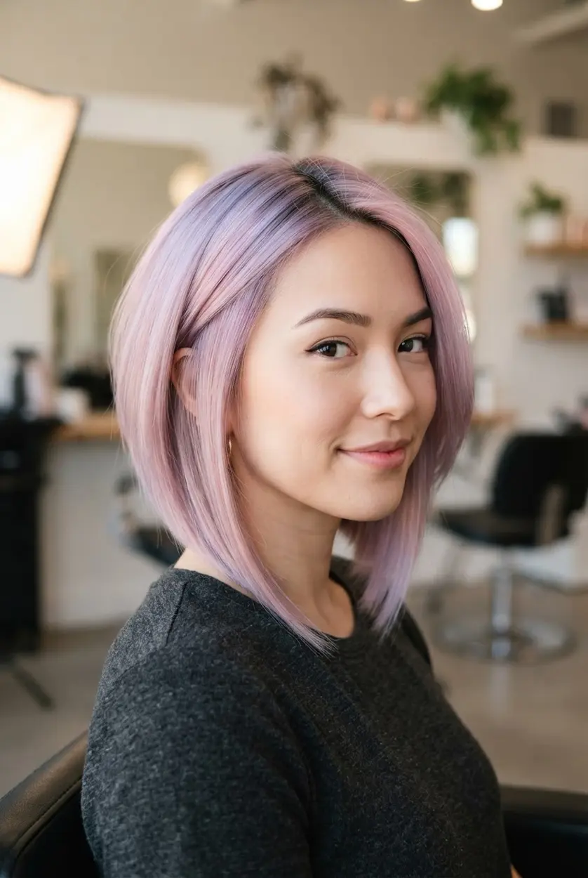 Pastel colored angled bob style with lavender and pink tones, a clean diagonal cut, and smooth layered ends.