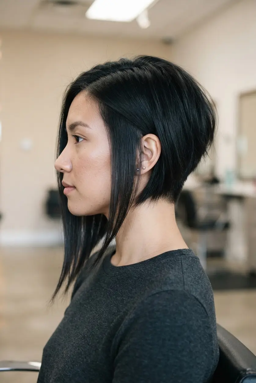 Extreme inverted angled bob shape with a sharply raised nape and long front sections reaching below the jaw.