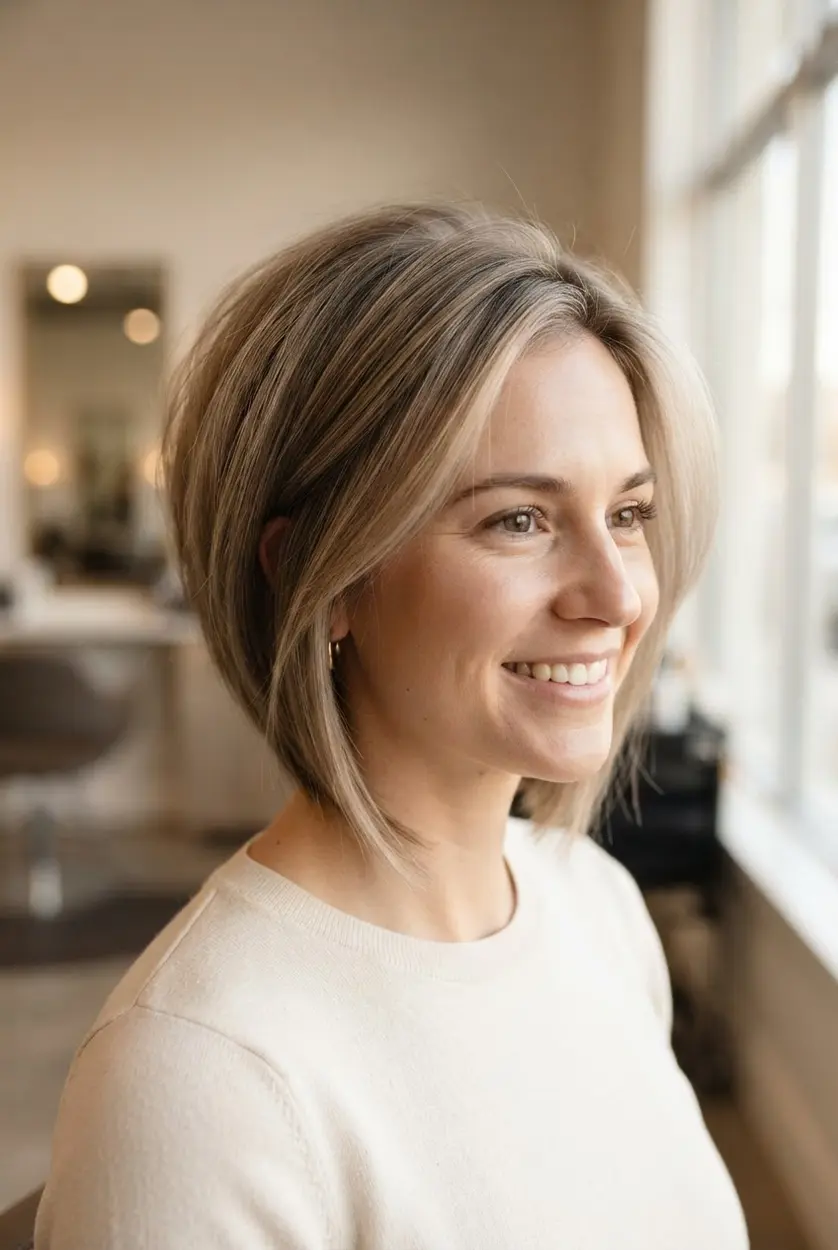 Fine hair angled bob with root lift, softly stacked layers, a raised crown, and a fuller-looking outline.