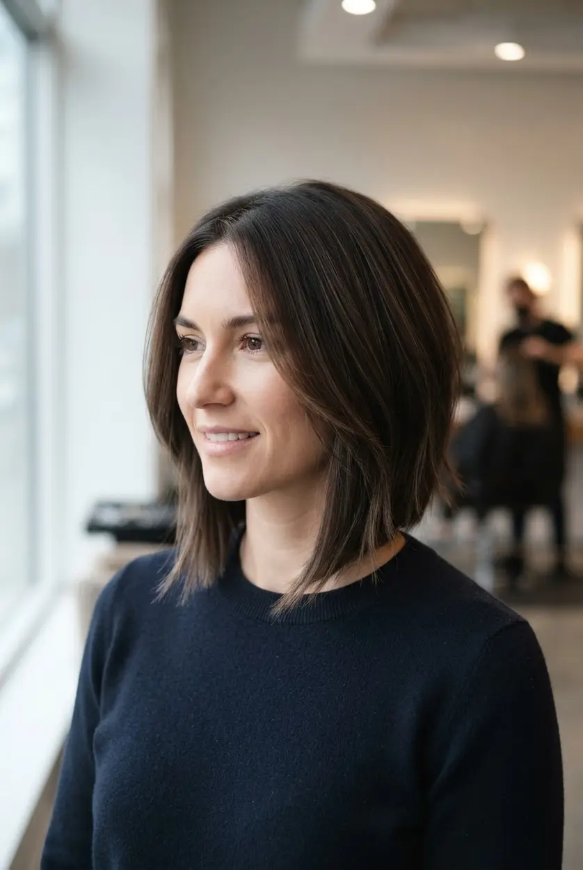 Thick hair internal layered bob with hidden weight removal, smooth outer edges, and a clear longer front line.