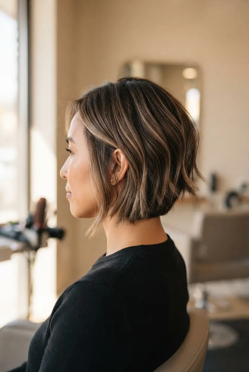 Textured layered chin length bob with feathered ends, visible movement, and a softly graduated back profile.