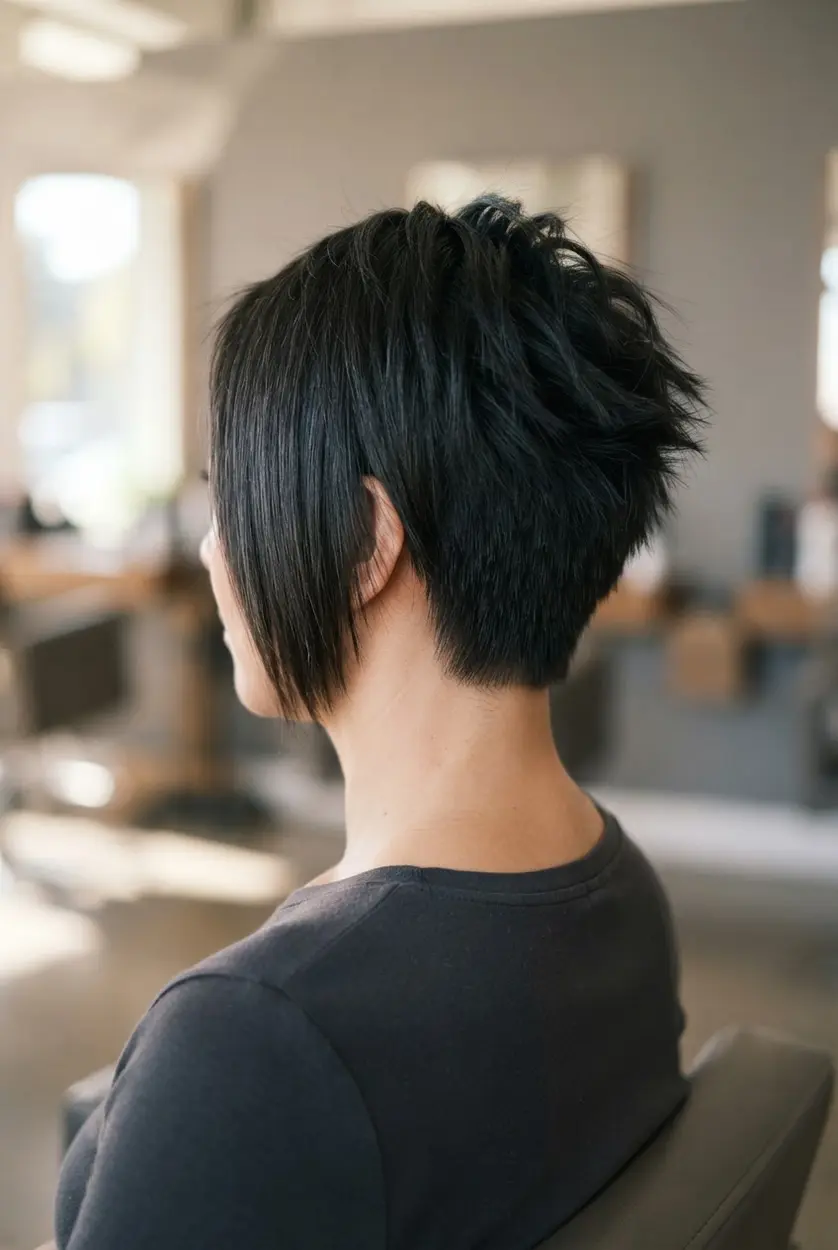 Spiky nape tapered angled bob with short pointed pieces, clean sides, and longer smooth sections at the front.