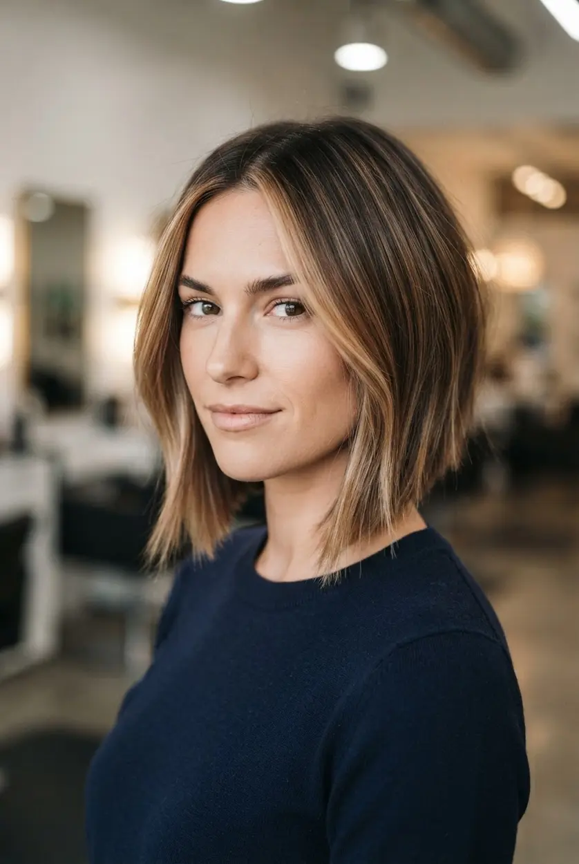 Balayage highlighted angled bob style with lighter front strands, blended color, and graduated lengths from nape to chin.