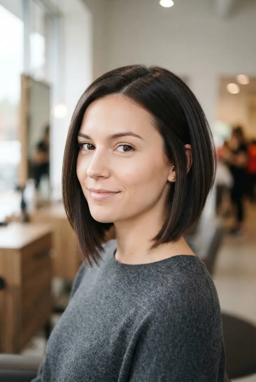 Professional polished angled bob cut with a smooth blowout, precise ends, a neat part, and controlled front length.