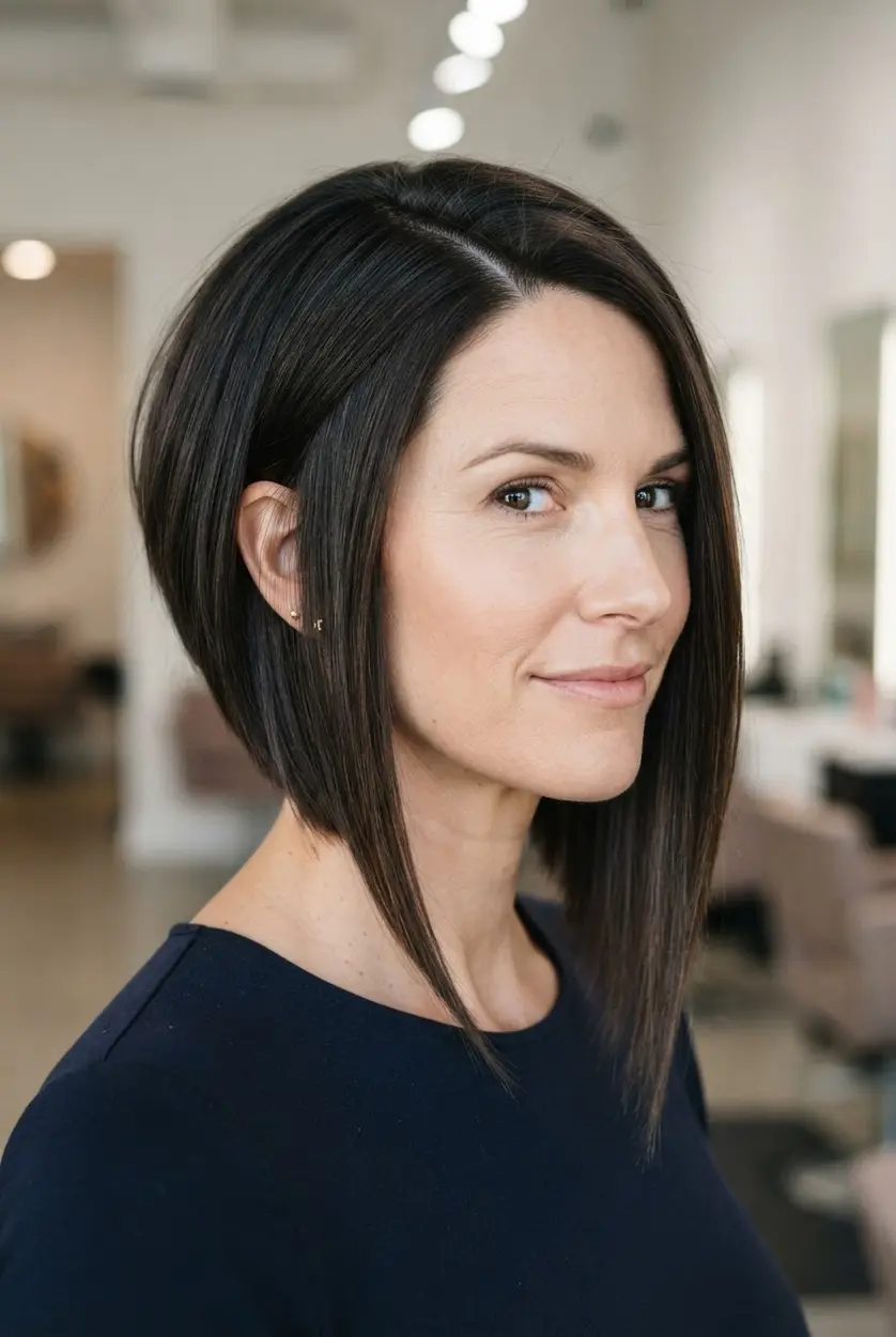 Angled bob hairstyles shown in an asymmetrical long cut with one front section extending well below the chin.