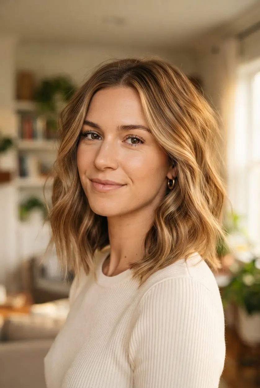 Shoulder length lob with soft waves, a shorter back, longer front pieces, and relaxed natural body.
