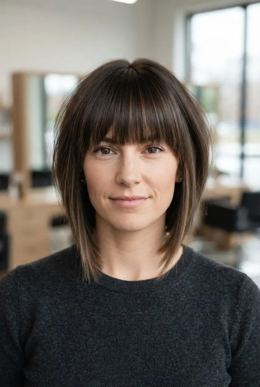 Angled bob hairstyles shown with graduated lengths, straight bangs, and longer front pieces framing the face.