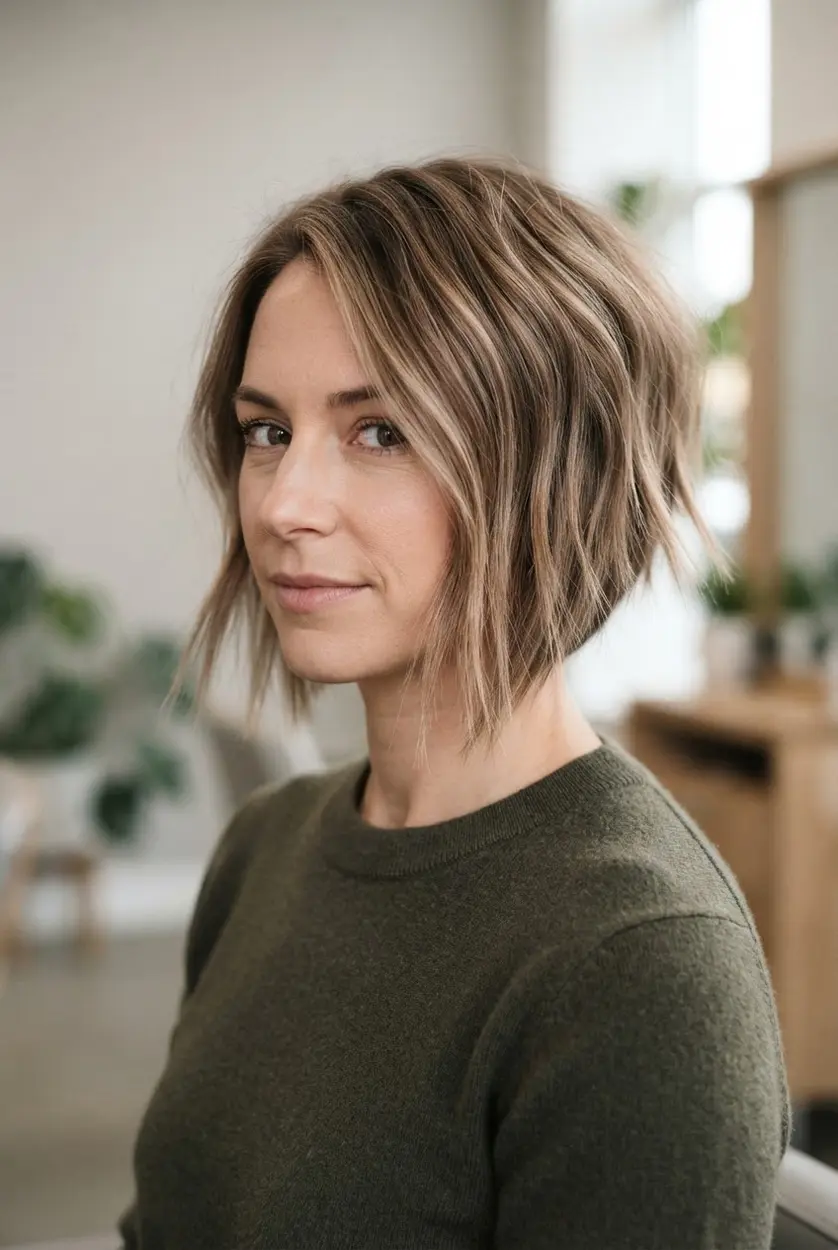 Choppy razor cut angled bob with separated ends, short layers, and a textured diagonal shape from back to front.