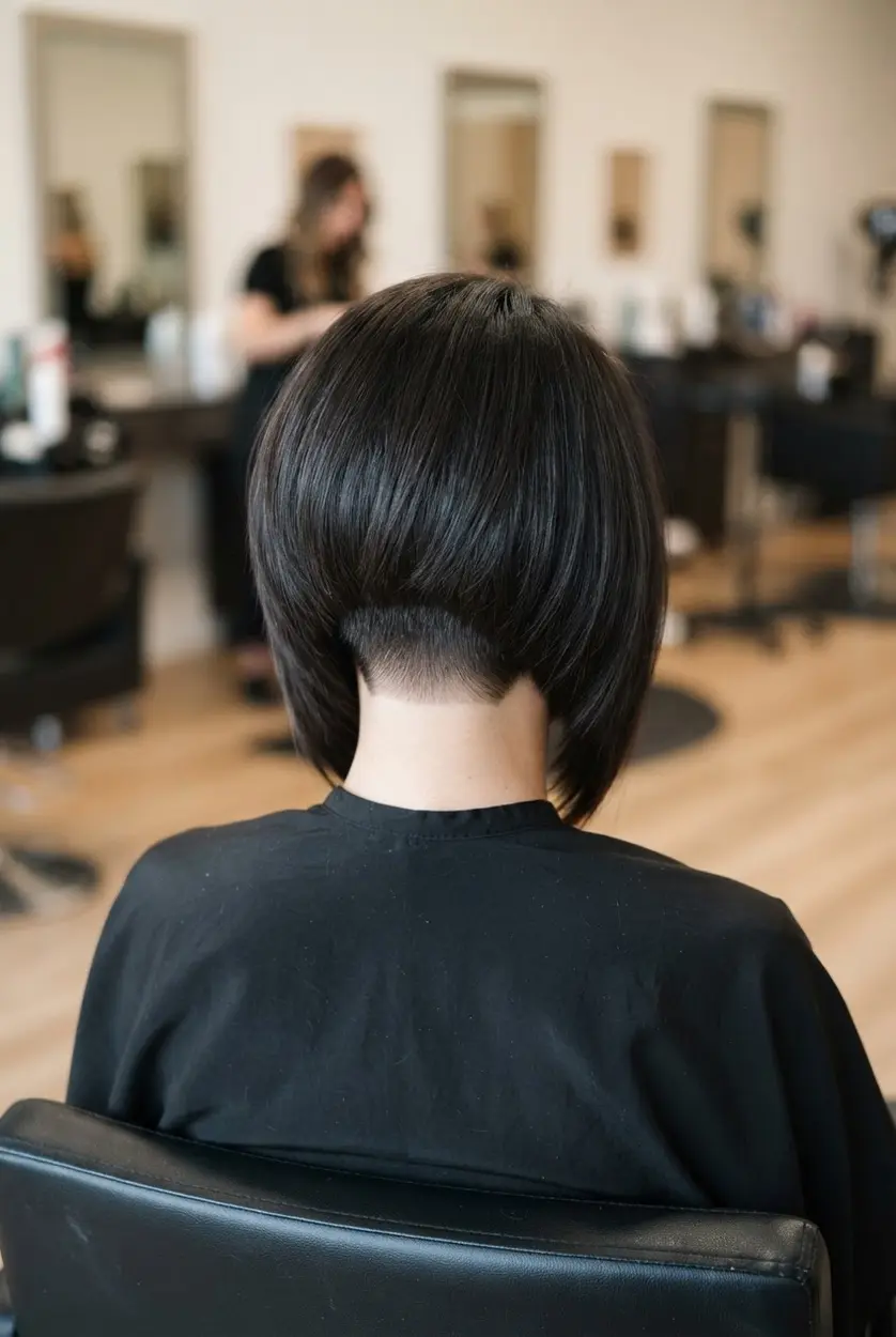 Angled bob hairstyles showing a concealed undercut beneath smooth longer layers and a clean graduated nape.