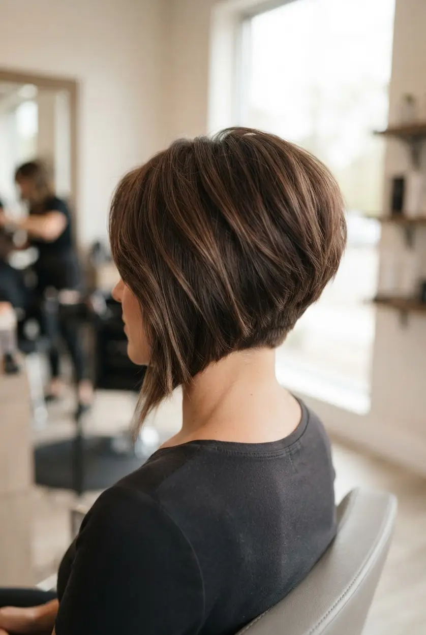 Voluminous stacked back angled bob with rounded crown height, layered nape sections, and longer sides.