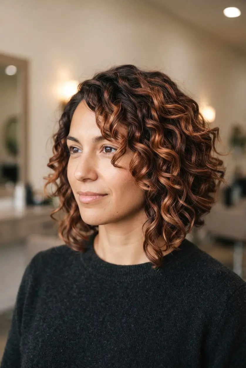 Angled bob hairstyles shown on tight curls with layered shape, rounded volume, and longer curls near the face.