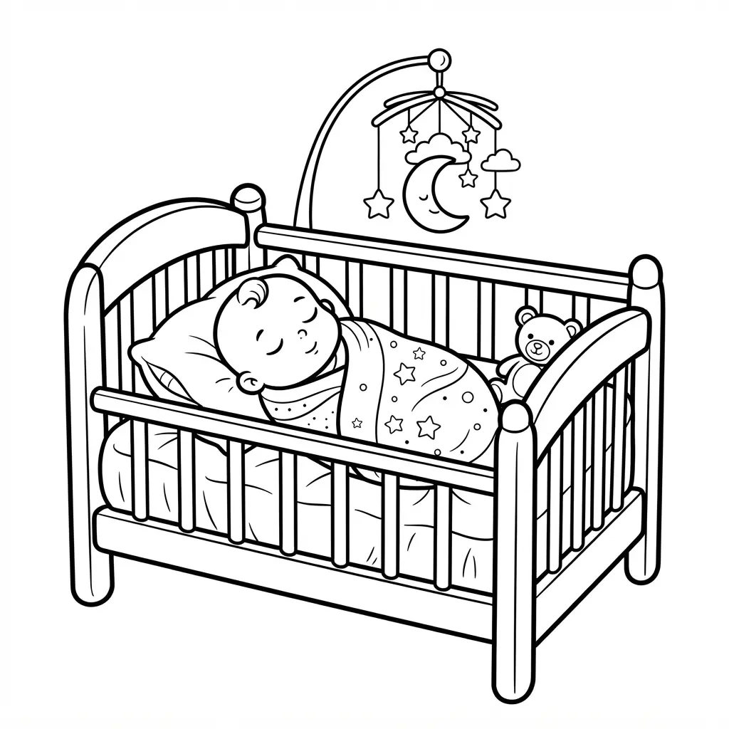 Sleeping baby resting in a crib with a blanket and moon, shown as baby coloring pages line art.