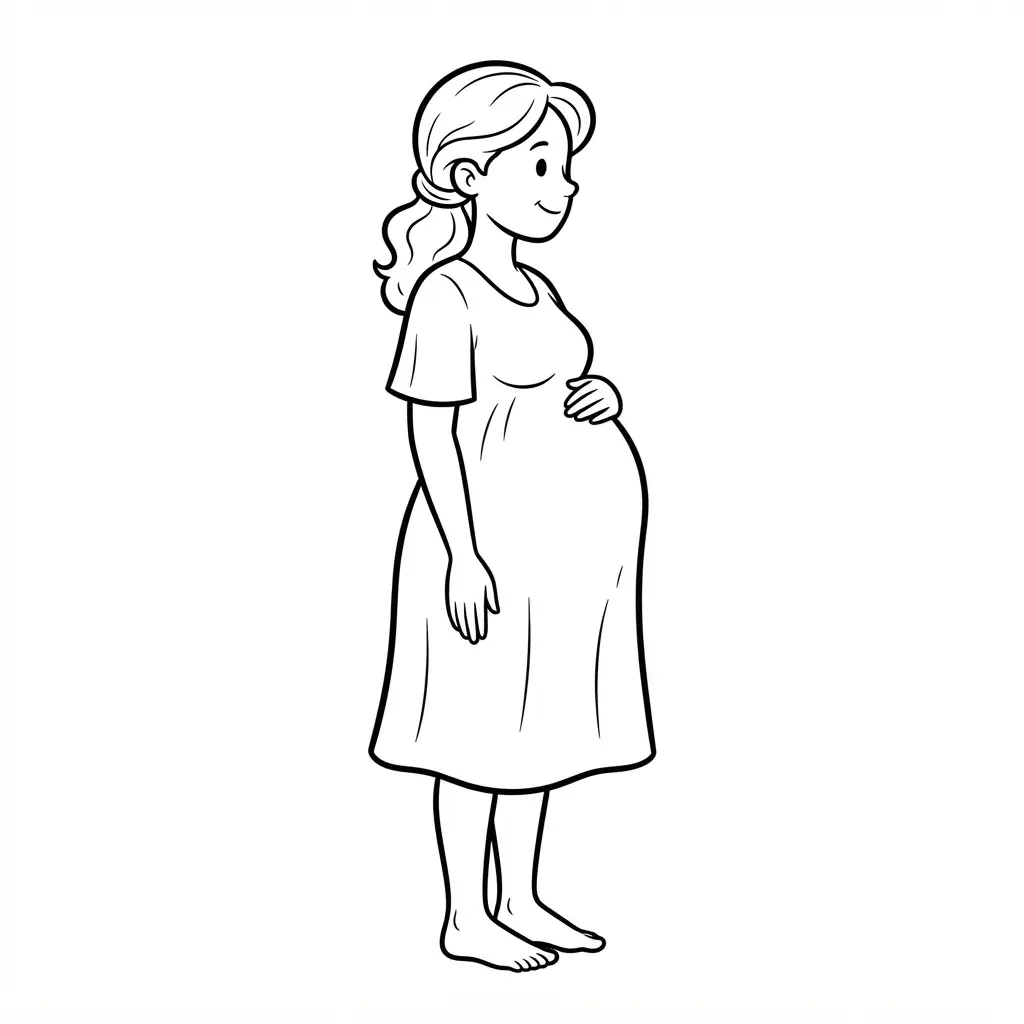 Pregnant mother standing in profile with one hand on her belly, drawn in gentle black line art.