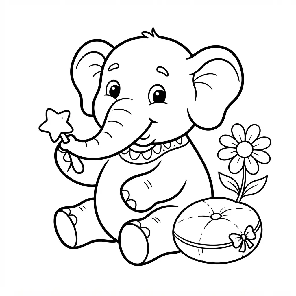 Round baby elephant holding a small toy beside a simple flower and cushion in clear black line art.