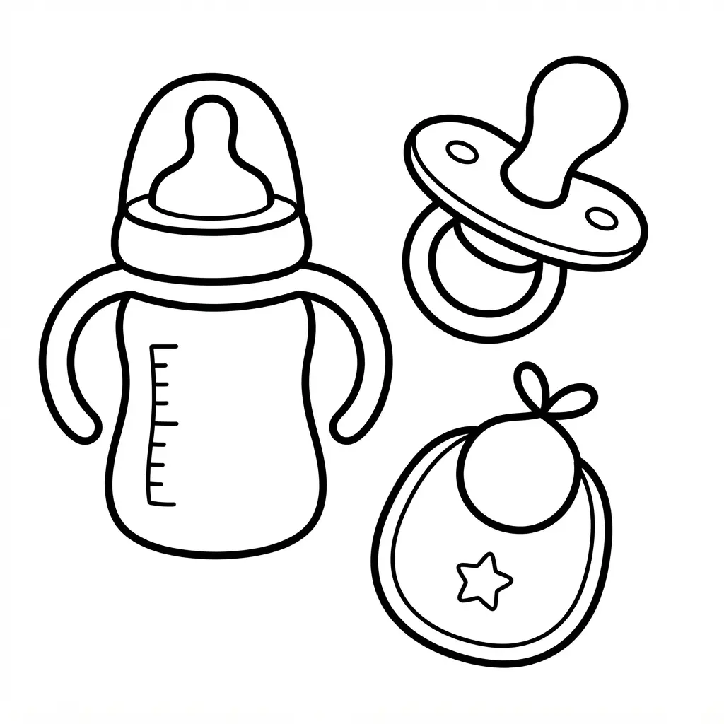 Baby bottle and pacifier beside a small bib, shown in simple baby coloring pages line art.