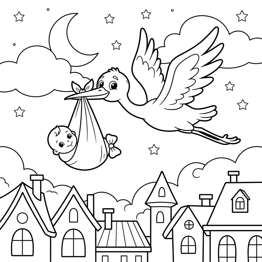 Stork carrying a wrapped baby over rooftops, with clouds and a crescent moon in clean line art.