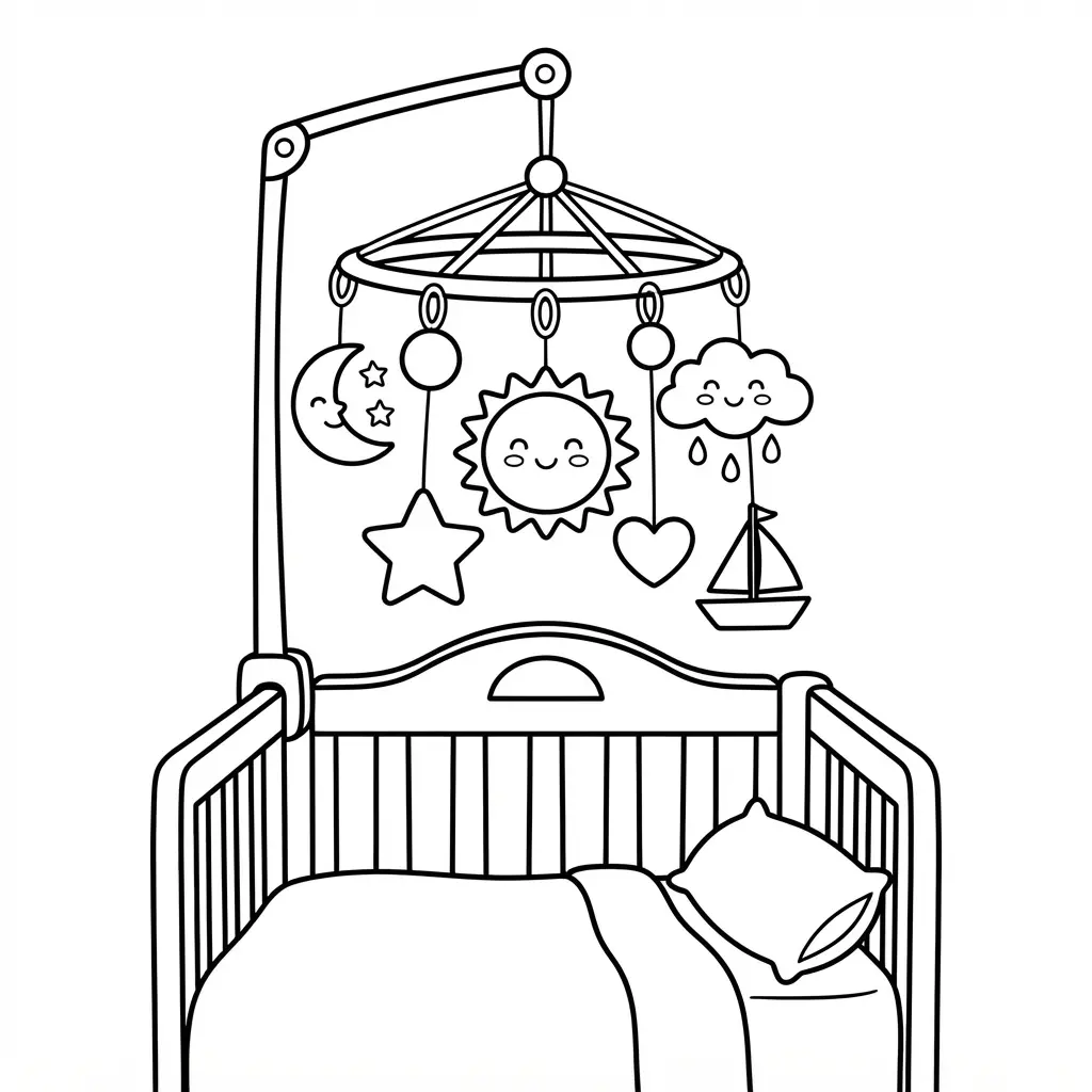 Baby mobile hanging above a crib with stars, circles, and clouds in baby coloring pages line art.