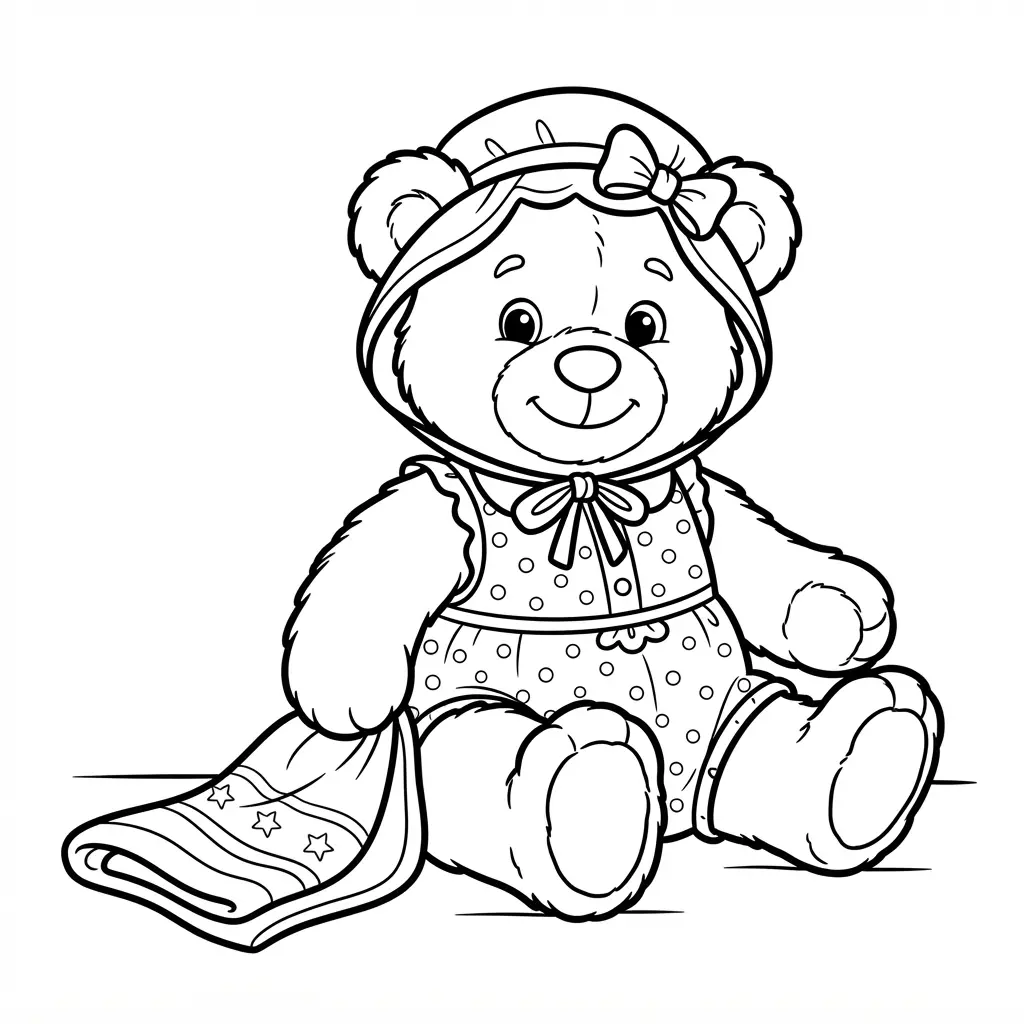 Teddy bear wearing a bonnet and romper while sitting beside a small blanket in clear line art.