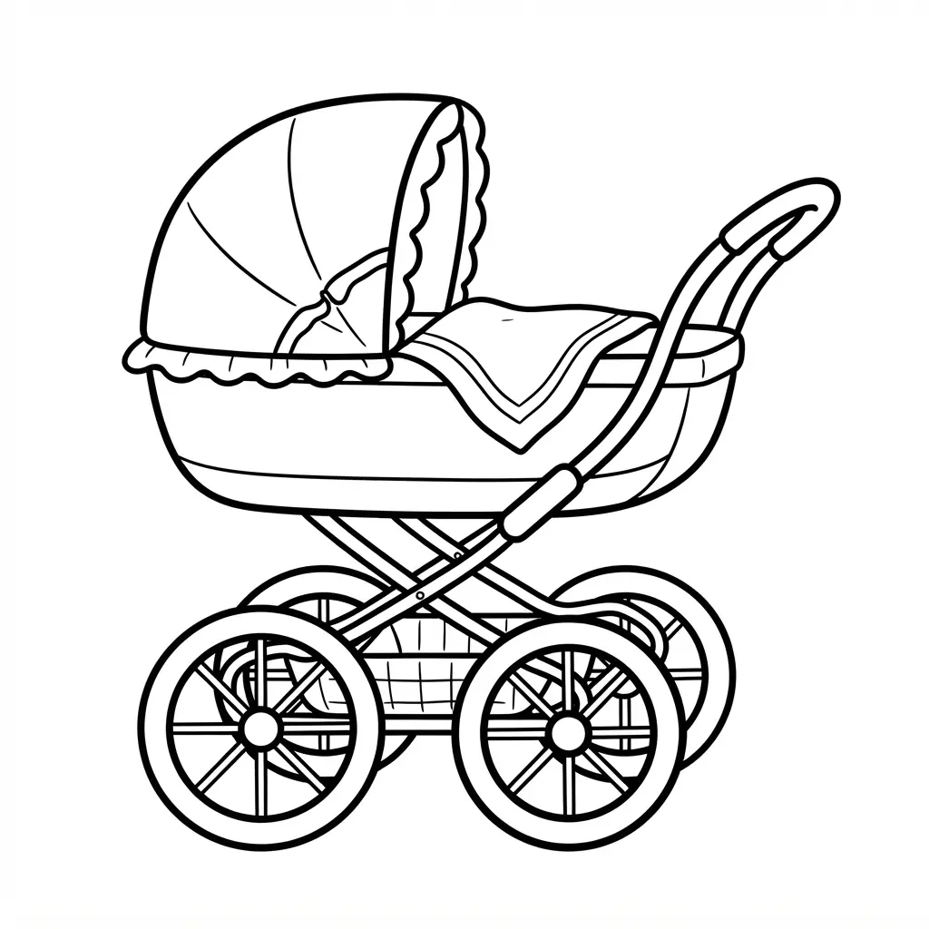 Classic baby carriage with large wheels and a curved handle, shown as baby coloring pages line art.