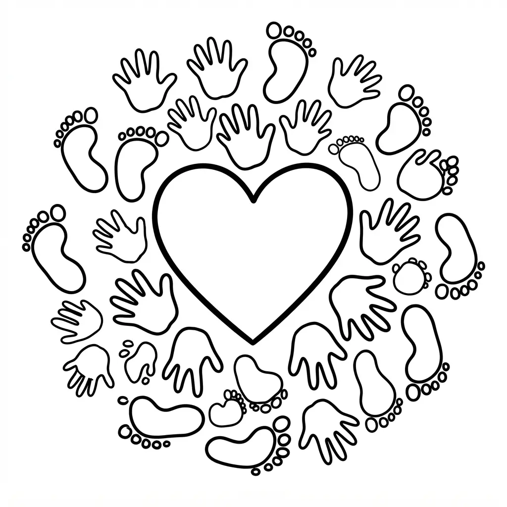Small baby footprints and handprints arranged around a heart and family name space in plain line art.