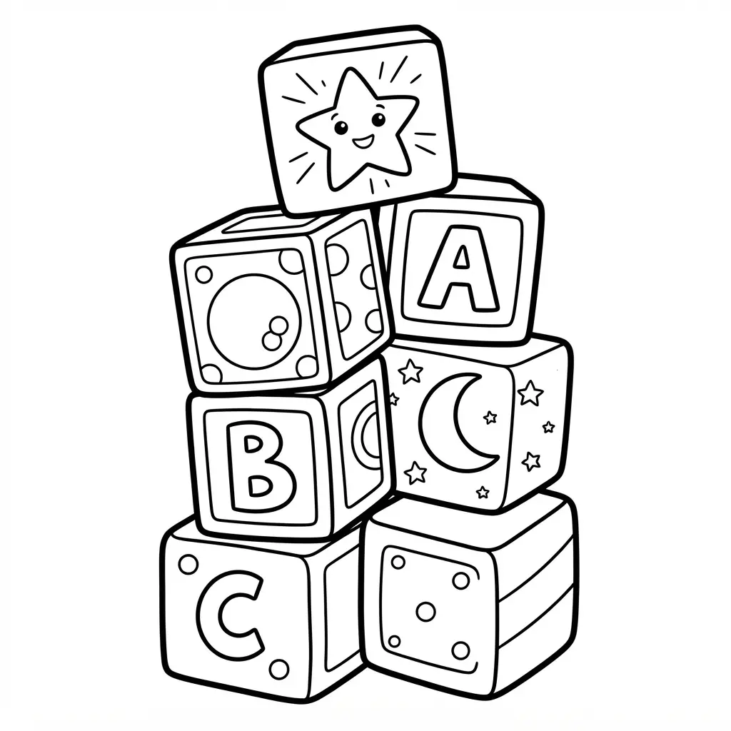 Stacked baby blocks with letters, stars, and circles shown in baby coloring pages line art.