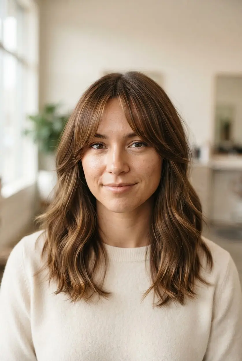 Soft layered curtain bangs part around an oval face with medium-length waves and feathered ends.