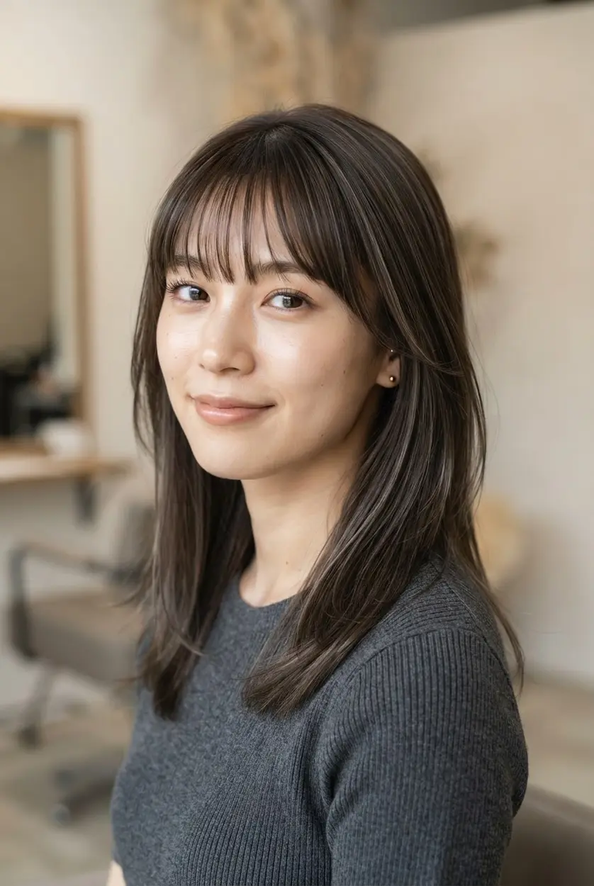 Classic wispy fringe rests above the brows on straight hair with light layers around the cheeks.