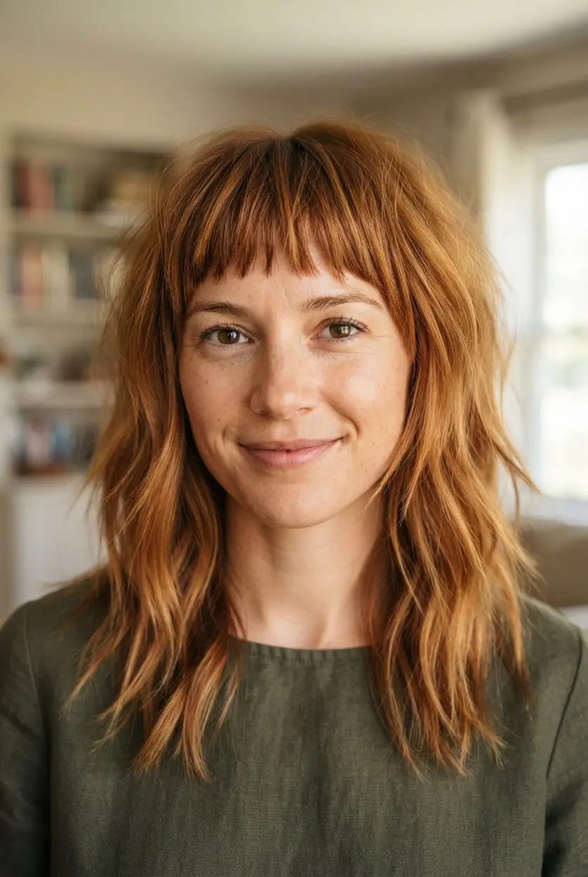 Textured choppy eyebrow bangs show separated ends above a tousled shoulder-length haircut with soft layers.