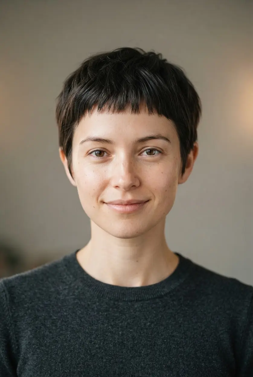 Short micro baby bangs sit above the brows with a neat textured crop and softly tapered sides.
