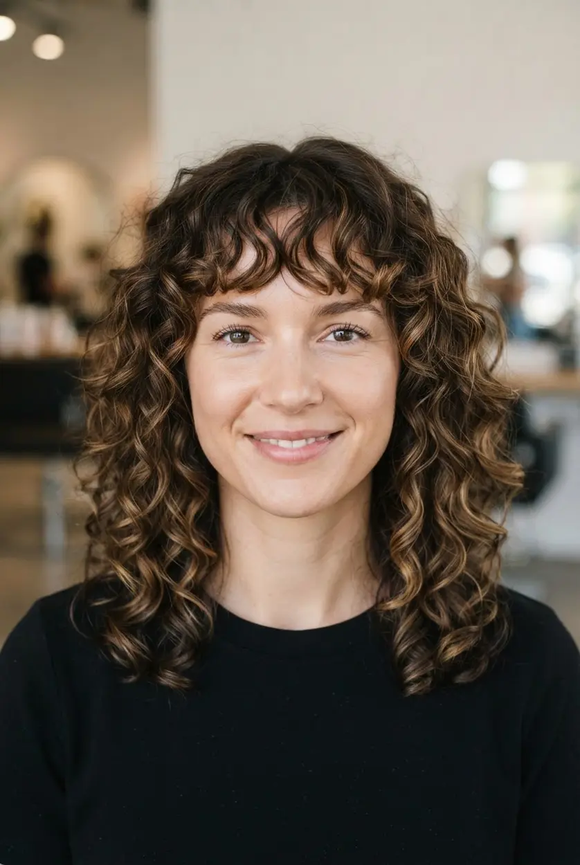 Curly textured face-framing bangs sit across the forehead and blend into springy shoulder-length curls.