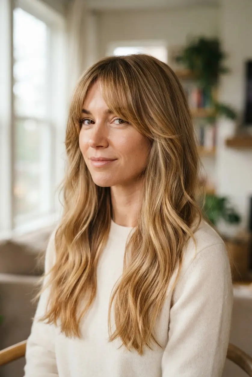 Long layered grown-out bangs sweep beside the eyes and merge into loose, waist-length waves.