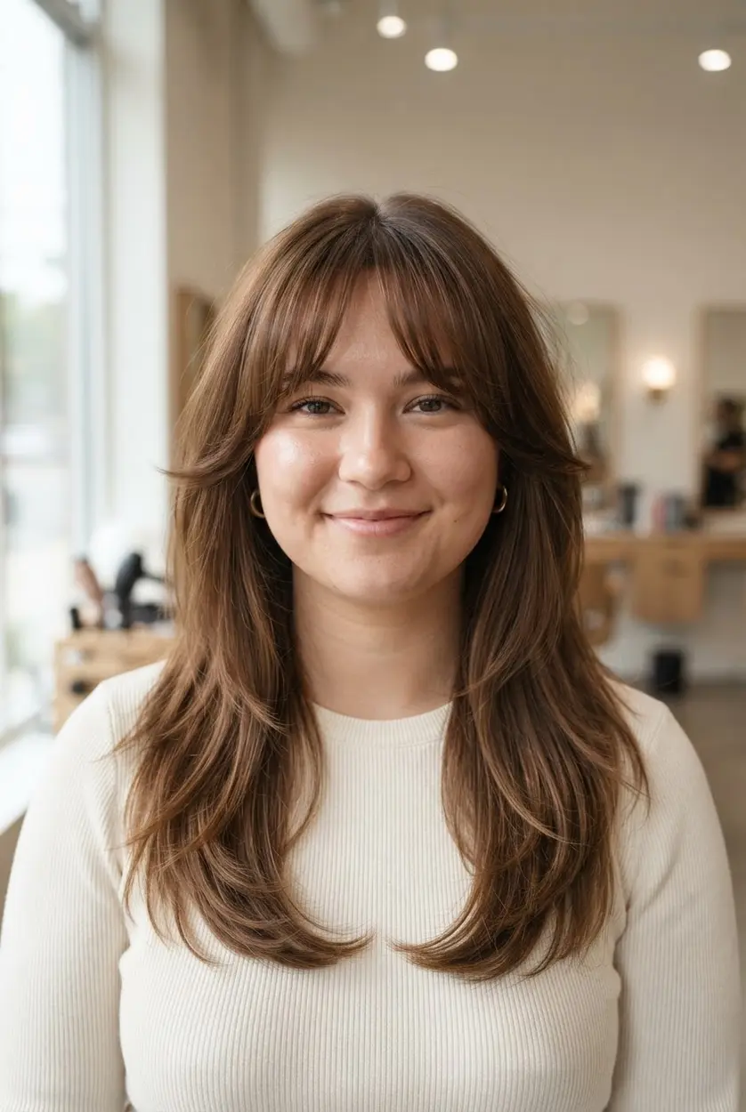 Wispy curtain bangs with layered hairstyling create soft vertical lines for Bangs Hairstyles For Round Faces.