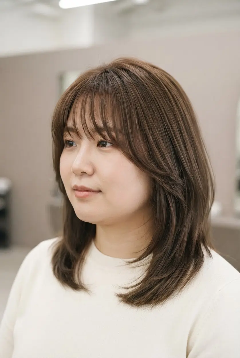 Graduated bangs flow into long face layers, creating a smooth downward line beside the cheeks.