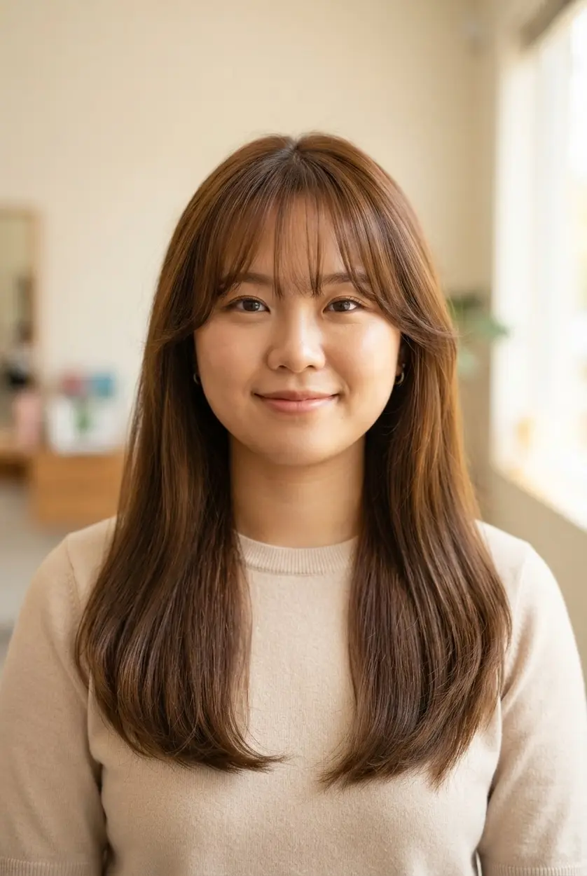 Long hair falls below the shoulders with a wispy fringe and soft face-framing pieces for round faces.