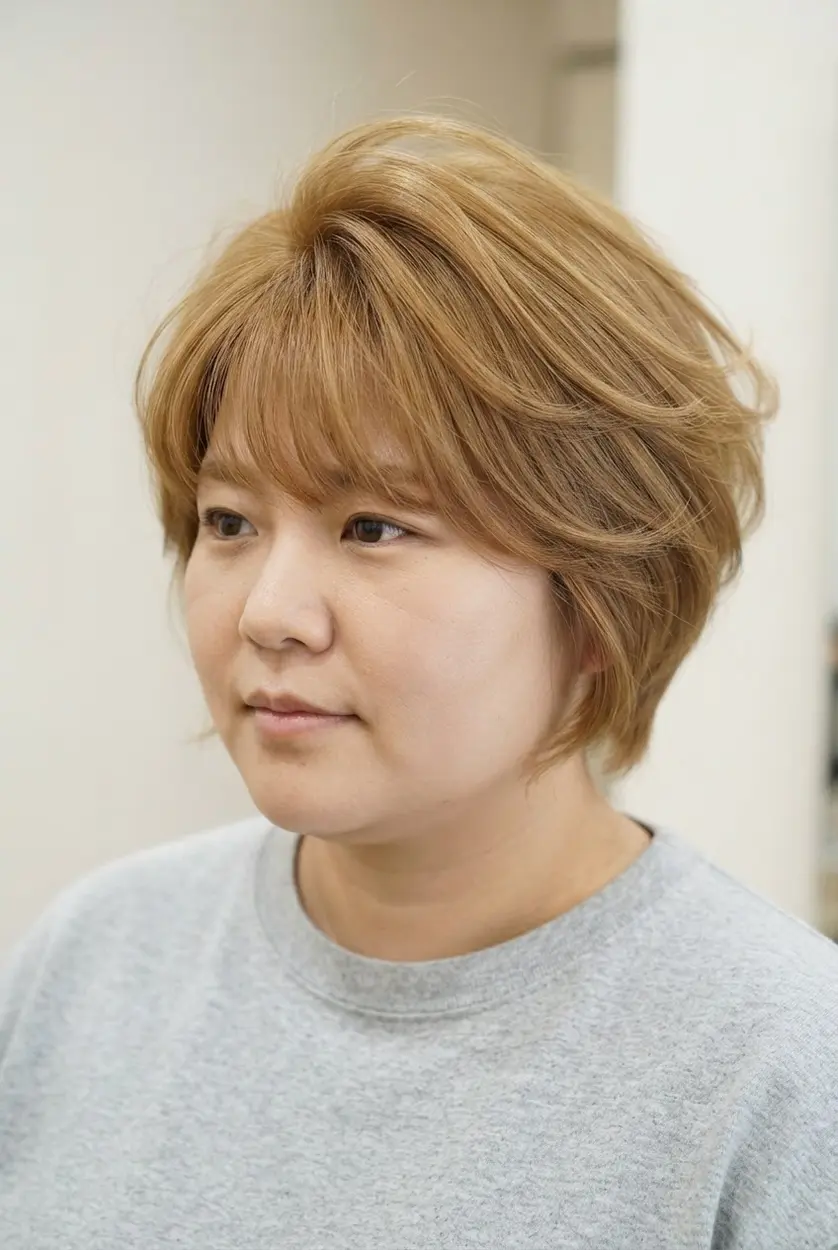 Soft feathered bangs sweep upward from the forehead with airy volume through the crown and sides.