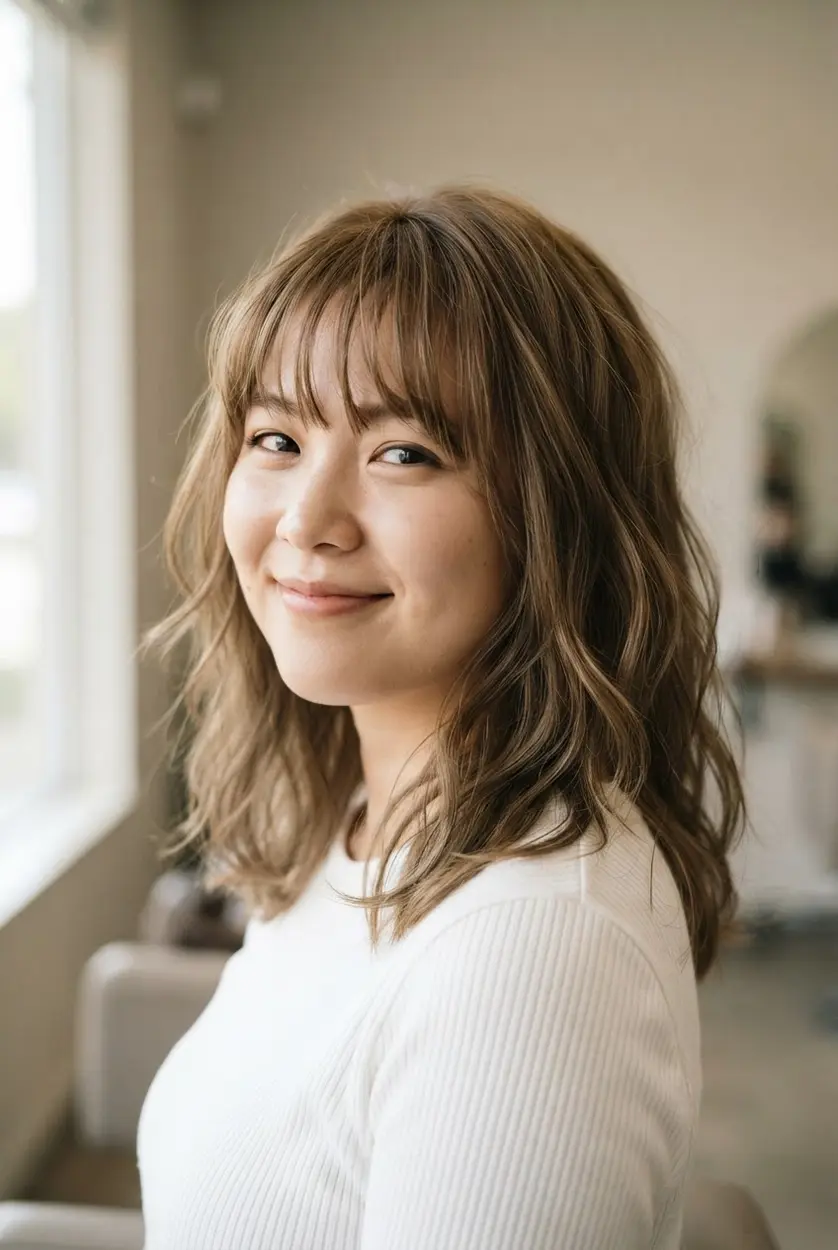 Tousled mid-length hair features separated bangs and loose waves that frame the face with relaxed texture.