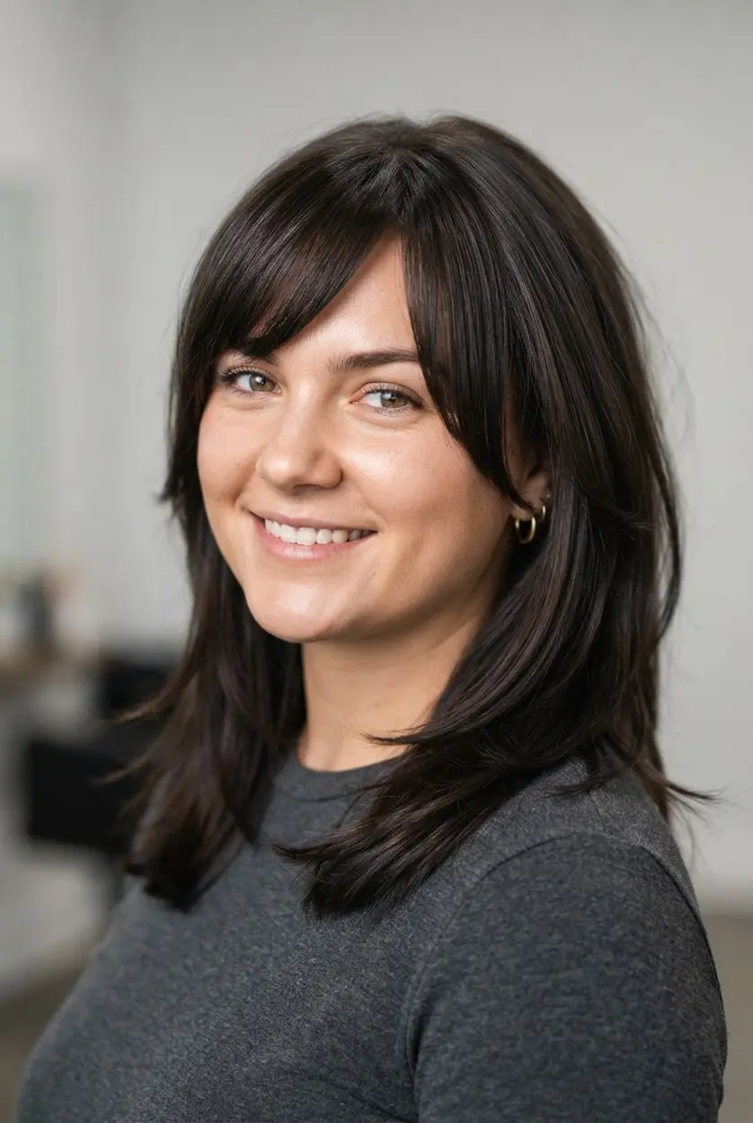 An angular side-swept fringe crosses the forehead and blends into longer layers beside the face for round faces.
