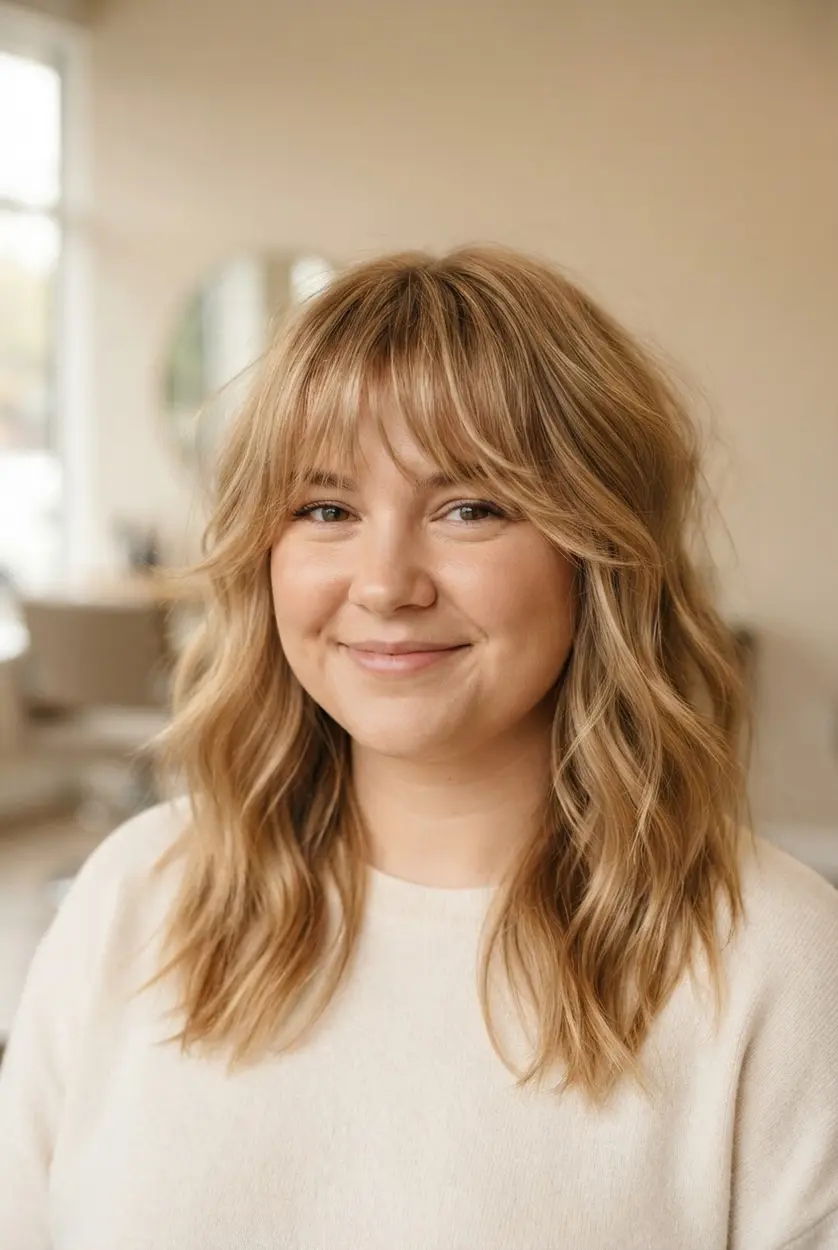 Light textured bangs blend into loose waves, leaving open space around the forehead and cheeks.